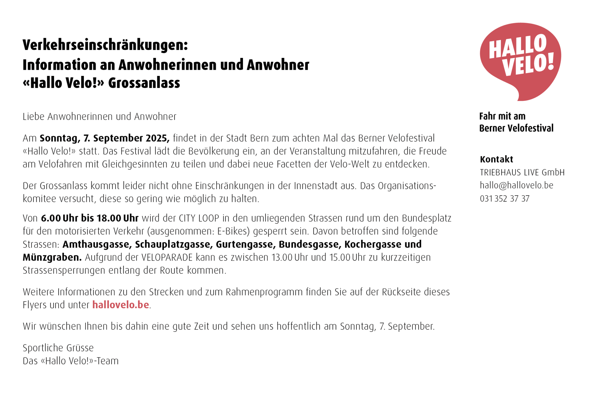 Anwohnerinfo «Hallo Velo» 2025